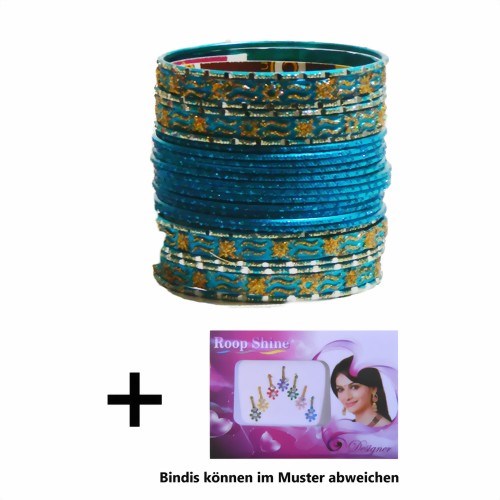 Bild von 24 brazaletes pulseras Mahive azul turquesa y dorados con bindis 7 cm de diámetro
